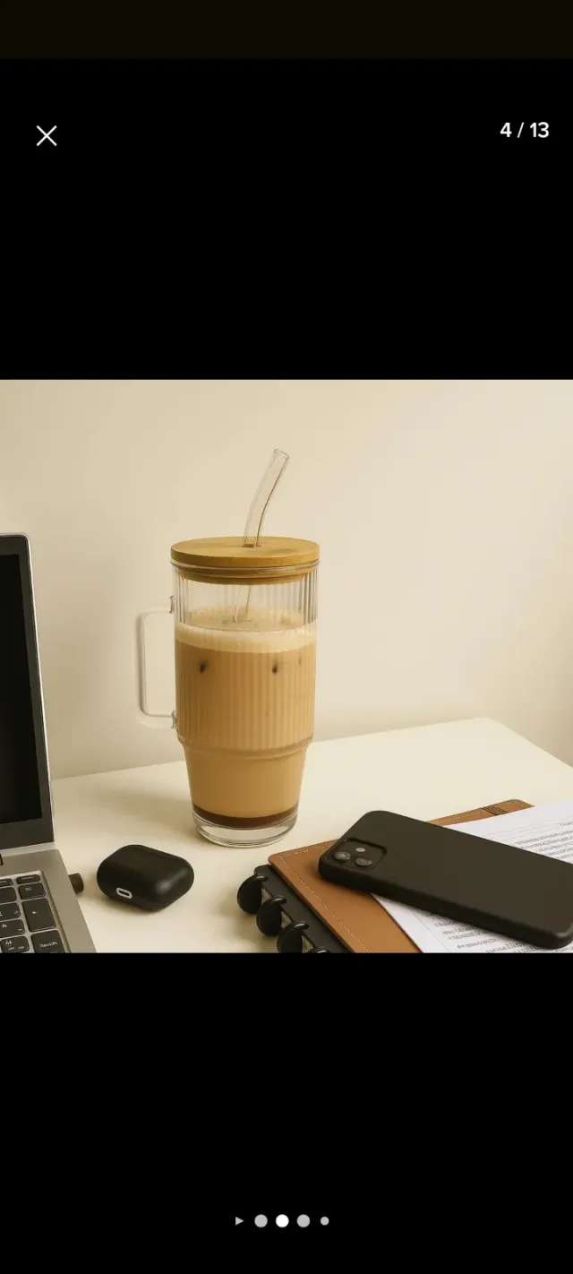 Vaso de vidrio con tapa de bambú y sorbete 700ml 2