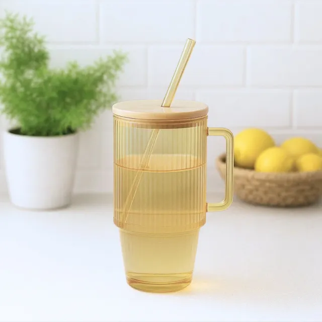 Vaso de vidrio con tapa de bambú y sorbete 700ml