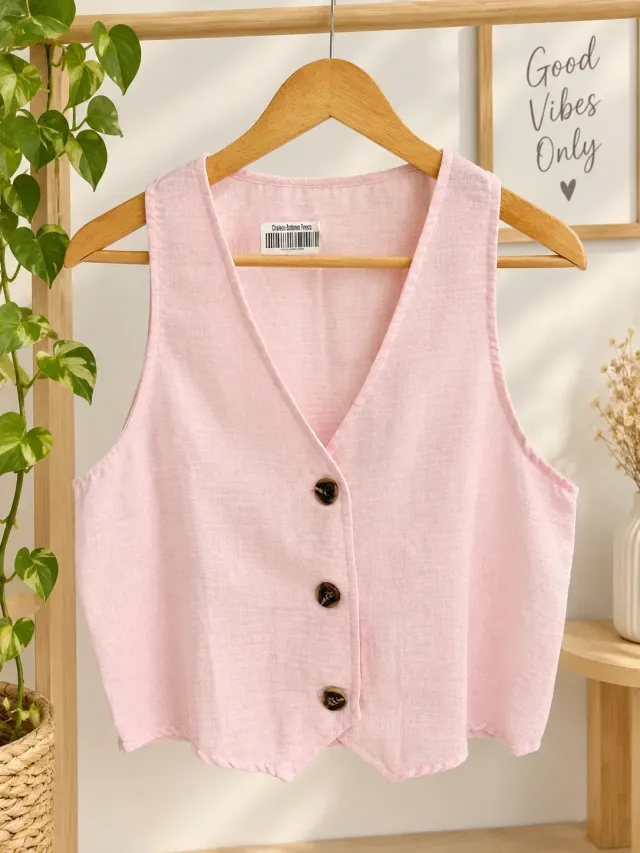 Chaleco rosa con botones y escote en V 2