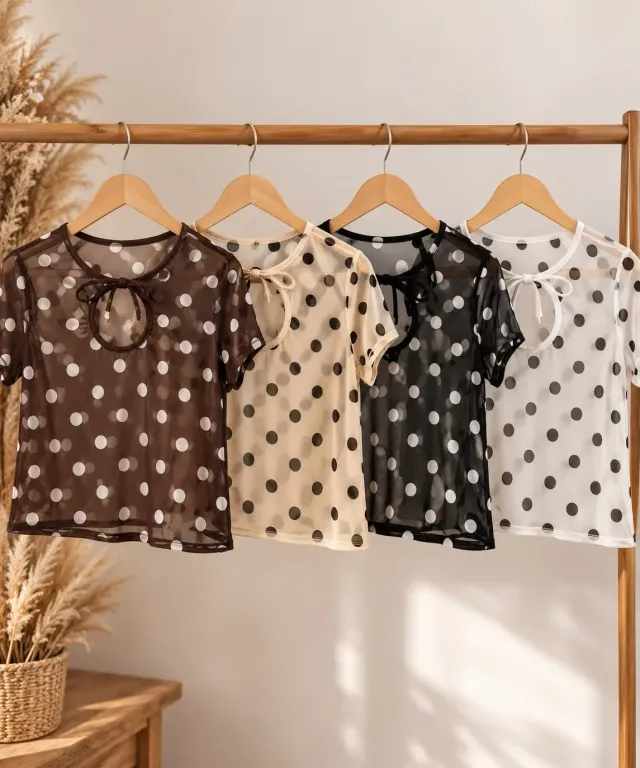 Blusa de tul con lunares y moño en el cuello en 4 colores