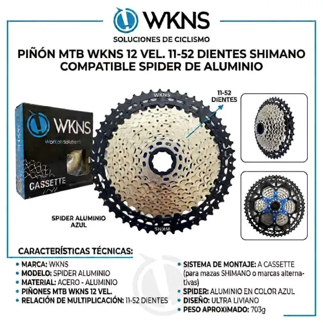 PIÑÓN MTB WKNS 11 VEL. 11-52 DIENTES SHIMANO COMPATIBLE SPIDER DE ALUMINIO
