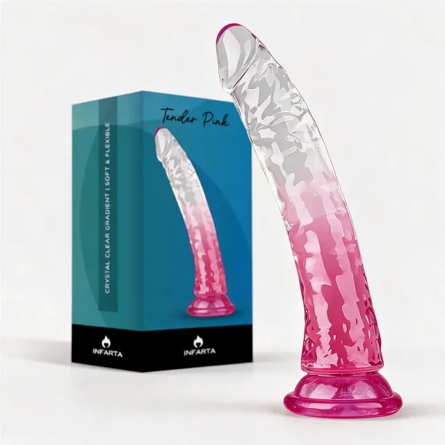 CONSOLADOR CURVO TENDER PINK DE TPE TRANSPARENTE DEGRADÉ CON VENTOSA 22 CM