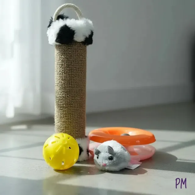 Set de juguetes para gatos: rascador, pelota sonajero, donacat y ratón a cuerda.
