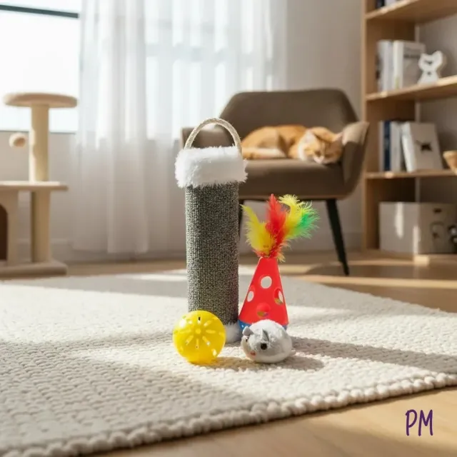 Set de juguetes para gato: rascador, giroscopo, ratón a cuerda, pelota sonajero