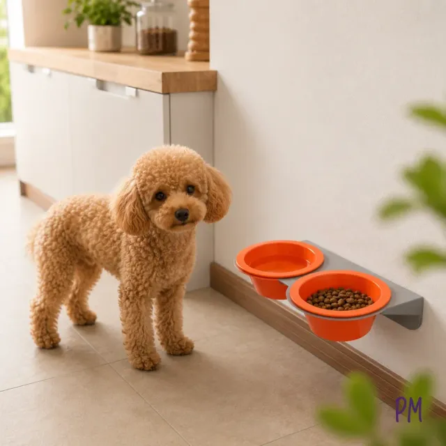 Comedero doble con soporte para amurar a la pared. Perros pequeños y gatos.