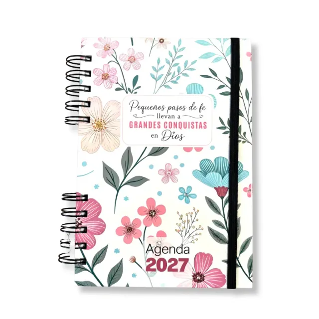Agenda Premium 2027 anillada tapa floral rosa y celeste