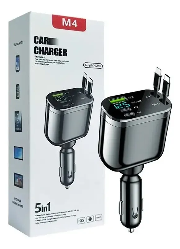 Cargador de auto Retráctil + flexible con varios puertos usb y cable para conect