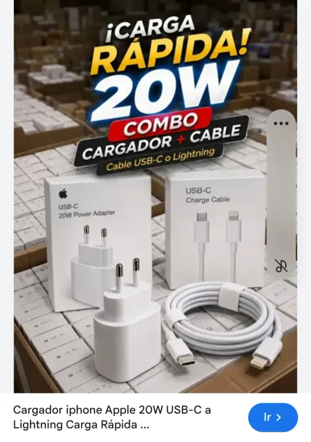 Combo Cargador Carga Rápida 20W para iPhone (Caja Completa)