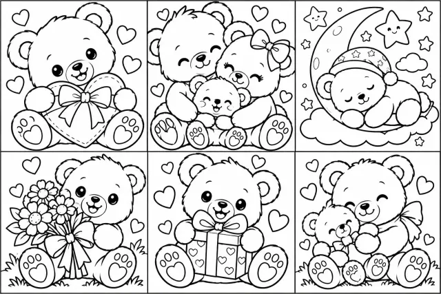 ¡Acá tenés 6 dibujos de ositos tiernos para colorear! 🧸💗 Podés imprimirlos y p