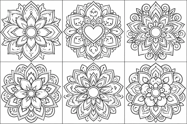 ¡Acá tenés otras 6 mándalas diferentes para colorear! 🌸🖍️ Tienen flores, coraz