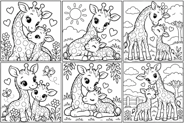 Láminas para colorear de jirafas mamá y bebé x 6
