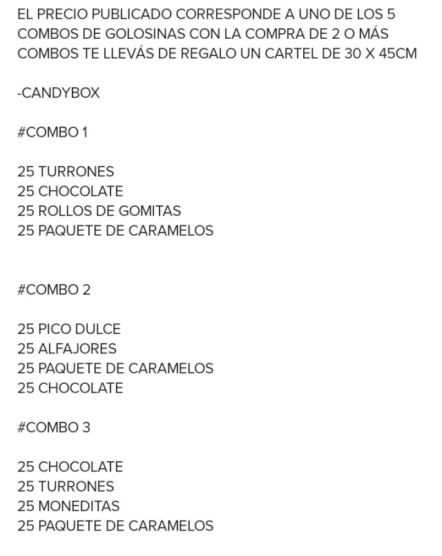 COMBOS GOLOSINAS PERSONALIDADAS. cualquiera de los combos tiene el mismo precio 6