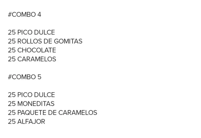 COMBOS GOLOSINAS PERSONALIDADAS. cualquiera de los combos tiene el mismo precio 3
